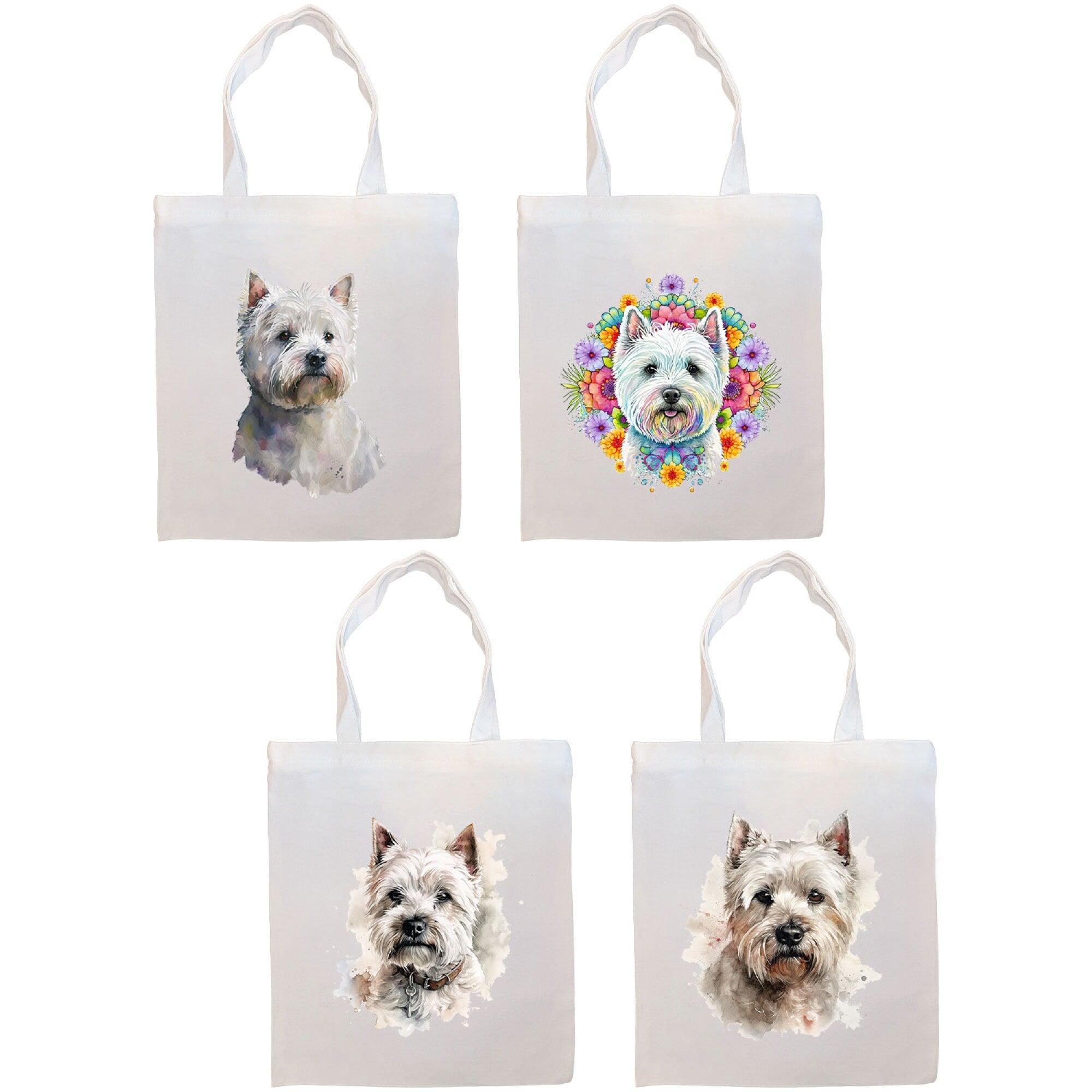 A stylish zippered canvas tote bag featuring a Westie design, with sturdy handles and an inner pocket for convenience.
