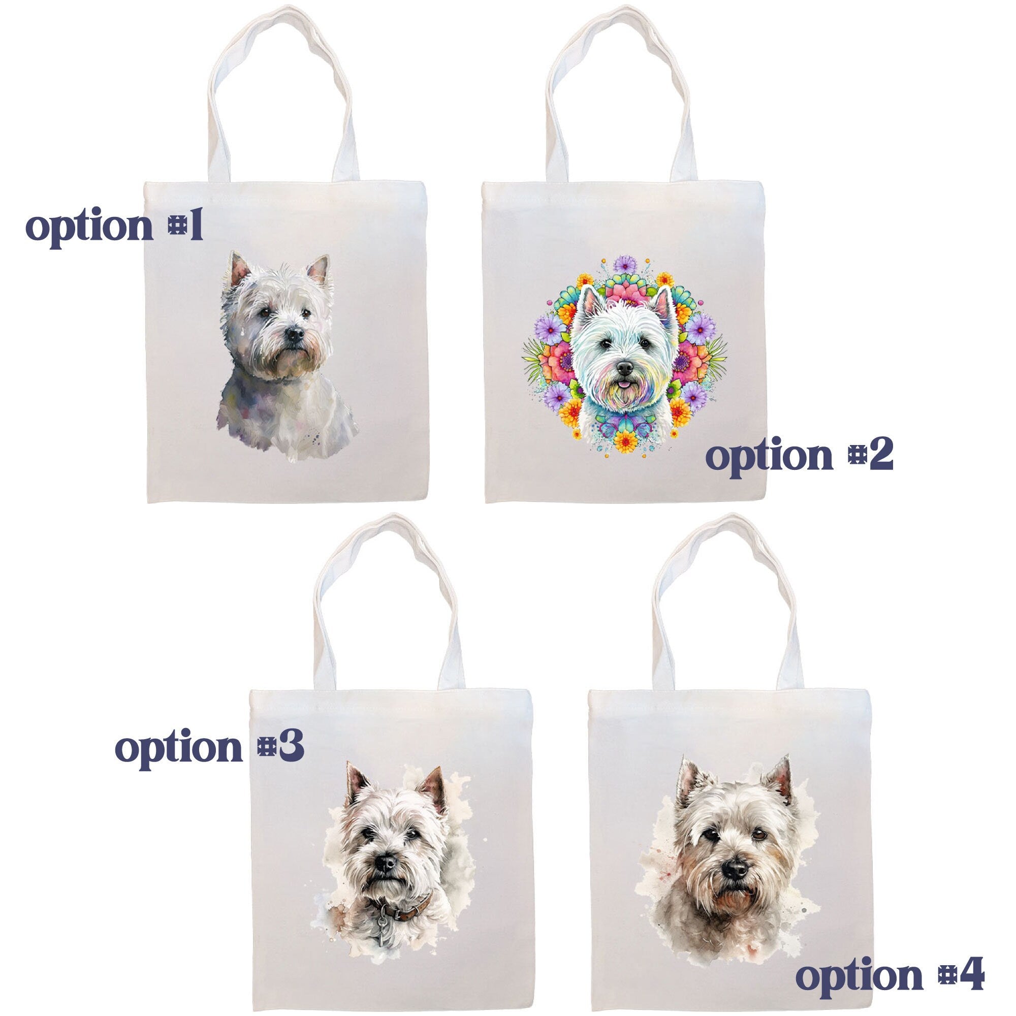 A stylish zippered canvas tote bag featuring a Westie design, with sturdy handles and an inner pocket for convenience.