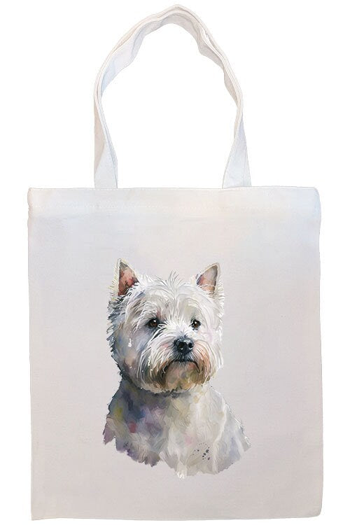A stylish zippered canvas tote bag featuring a Westie design, with sturdy handles and an inner pocket for convenience.