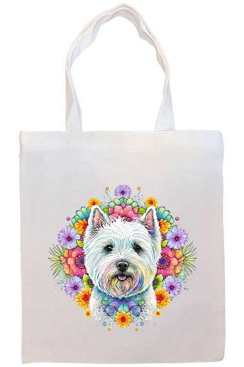 A stylish zippered canvas tote bag featuring a Westie design, with sturdy handles and an inner pocket for convenience.