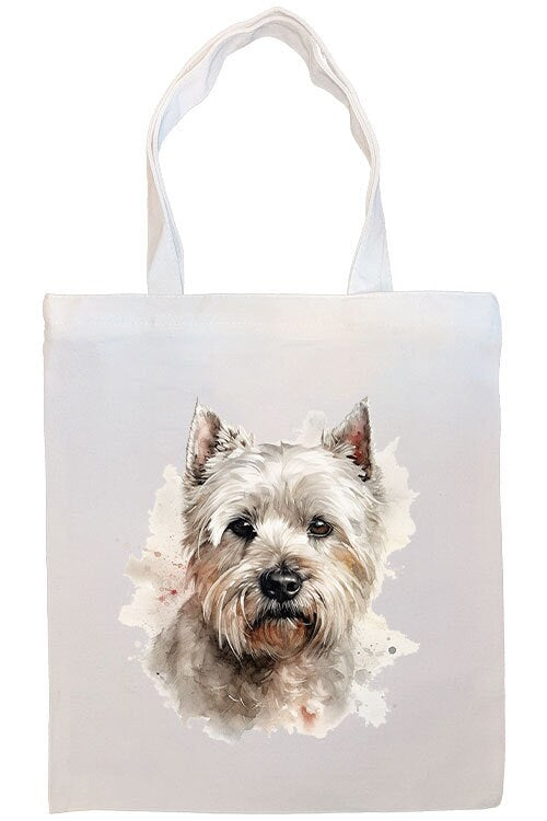 A stylish zippered canvas tote bag featuring a Westie design, with sturdy handles and an inner pocket for convenience.