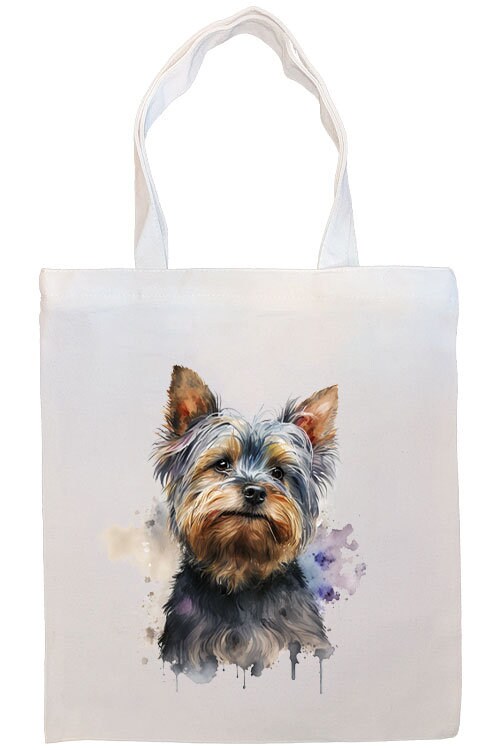 A stylish zippered canvas tote bag featuring a Yorkie design, with handles and an inner pocket for convenience.
