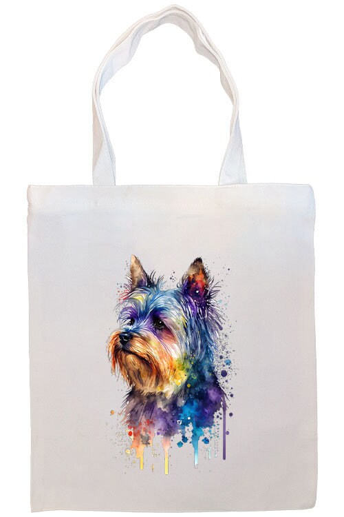 A stylish zippered canvas tote bag featuring a Yorkie design, with handles and an inner pocket for convenience.
