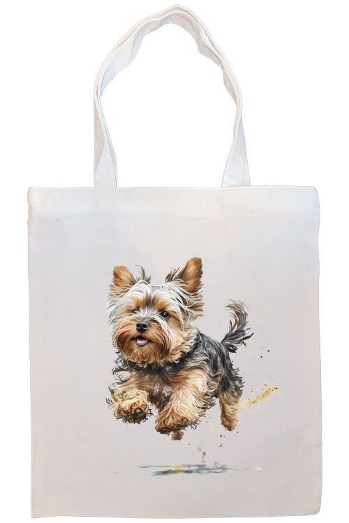 A stylish zippered canvas tote bag featuring a Yorkie design, with handles and an inner pocket for convenience.