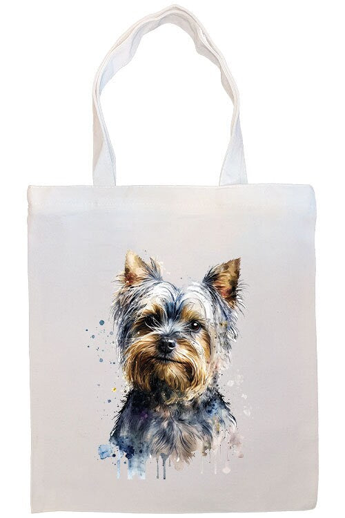 A stylish zippered canvas tote bag featuring a Yorkie design, with handles and an inner pocket for convenience.