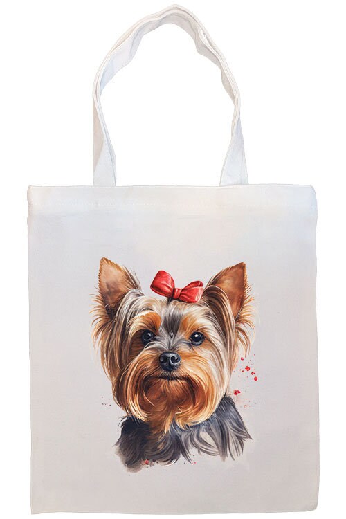 A stylish zippered canvas tote bag featuring a Yorkie design, with handles and an inner pocket for convenience.