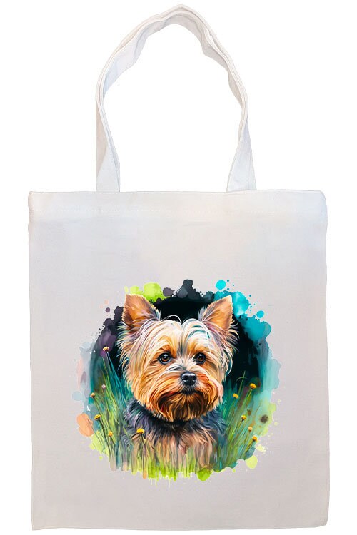 A stylish zippered canvas tote bag featuring a Yorkie design, with handles and an inner pocket for convenience.