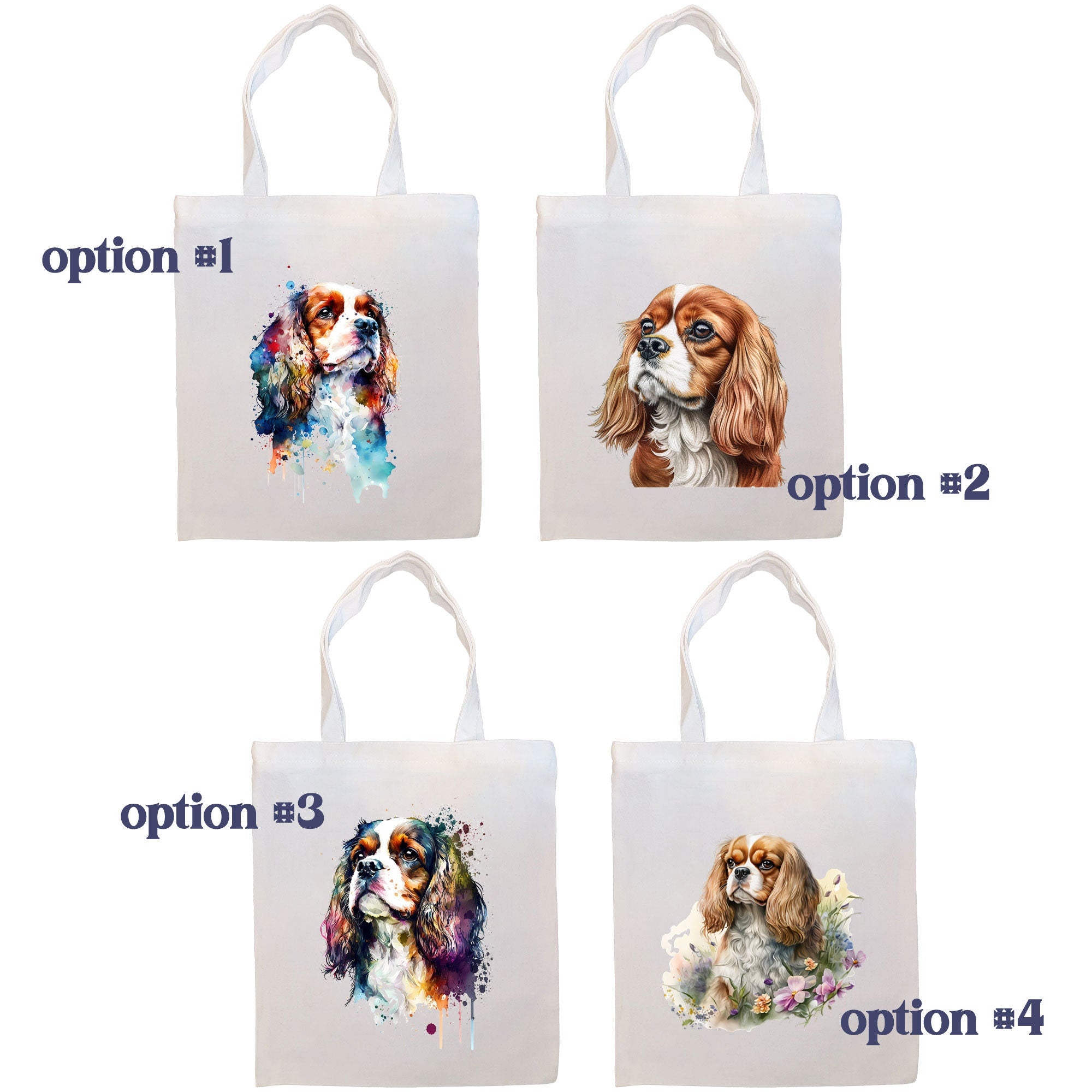 Canvas tote bag featuring a Cavalier King Charles Spaniel design, zippered closure, and inner pocket, perfect for shopping and daily use.