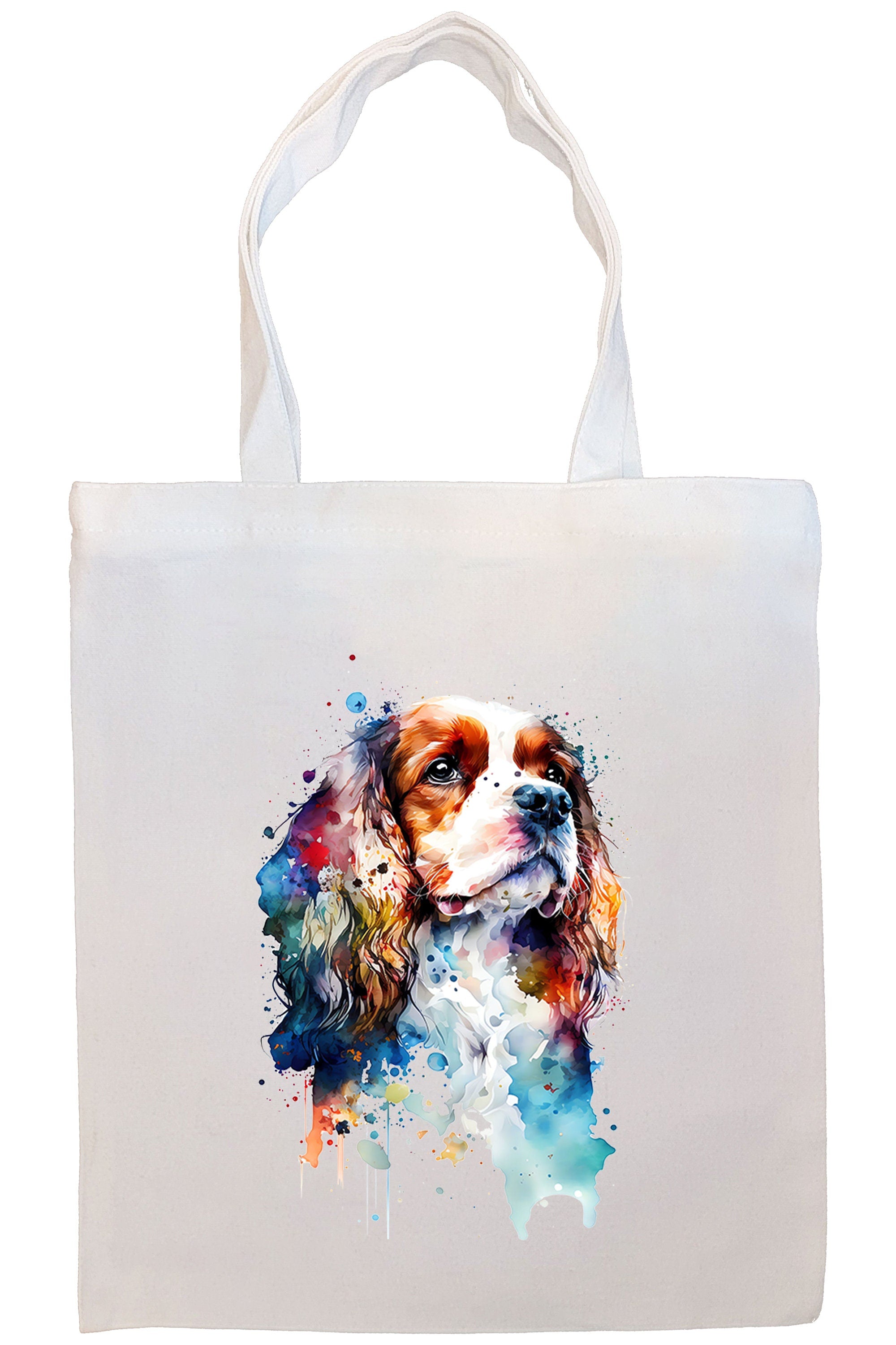 Canvas tote bag featuring a Cavalier King Charles Spaniel design, zippered closure, and inner pocket, perfect for shopping and daily use.