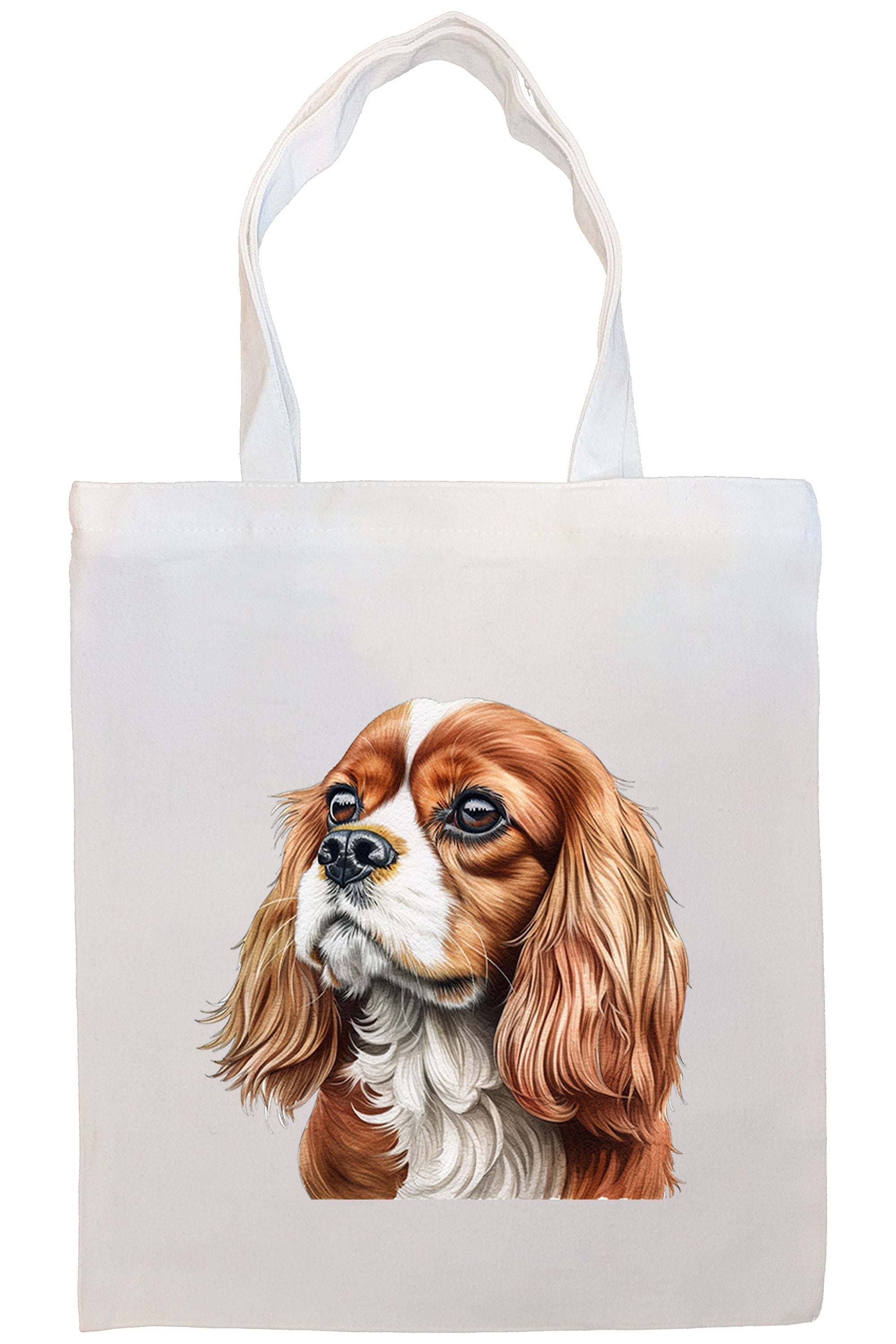 Canvas tote bag featuring a Cavalier King Charles Spaniel design, zippered closure, and inner pocket, perfect for shopping and daily use.