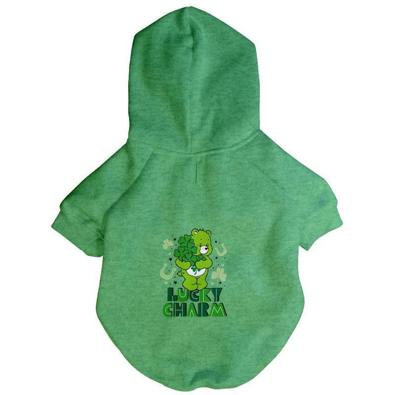 A vibrant green hoodie featuring the Good Luck Bear from Care Bears, designed for dogs with ribbed cuffs and drawstrings.