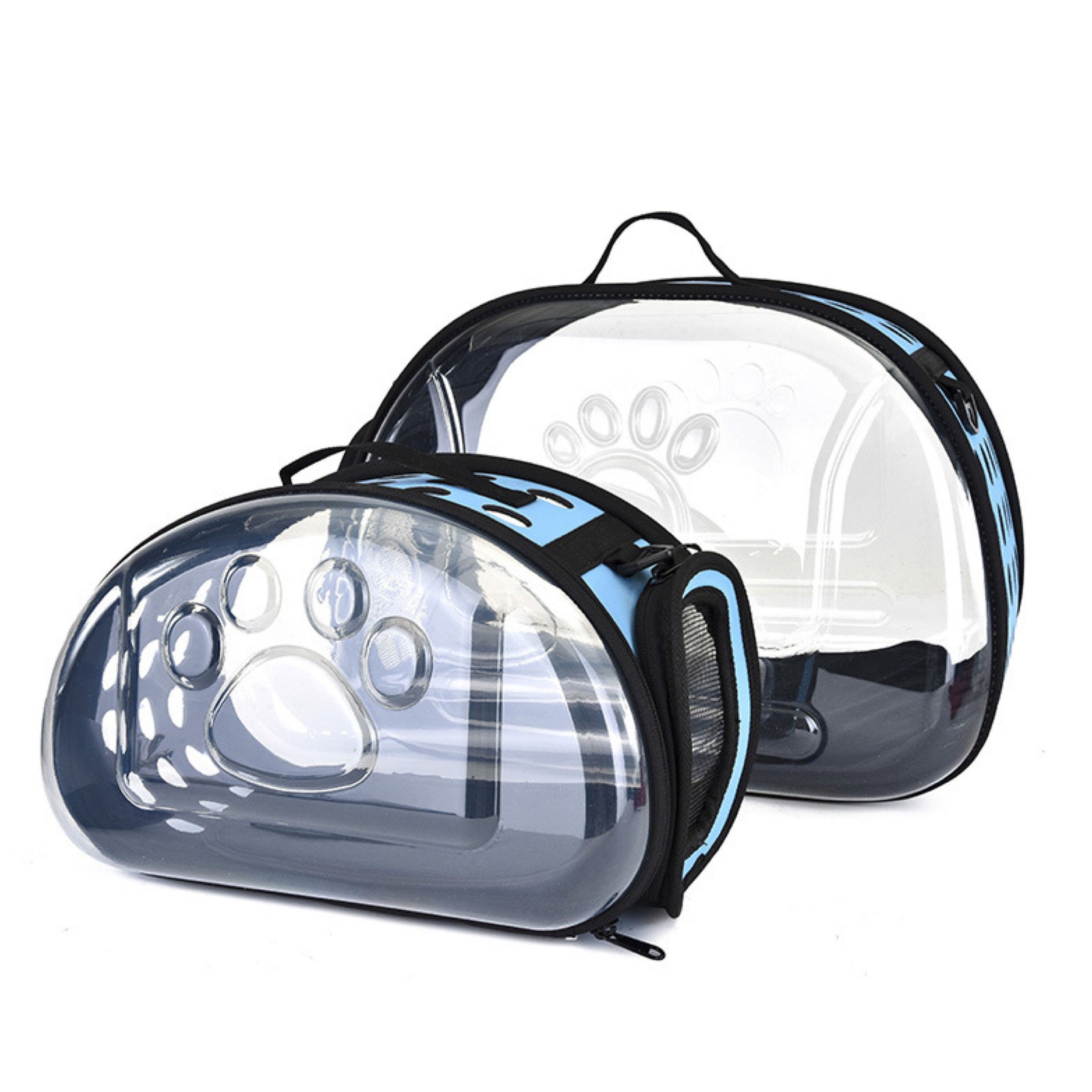 A stylish and durable carrier for cats and dogs, featuring a transparent design and ventilation holes for comfort during travel.