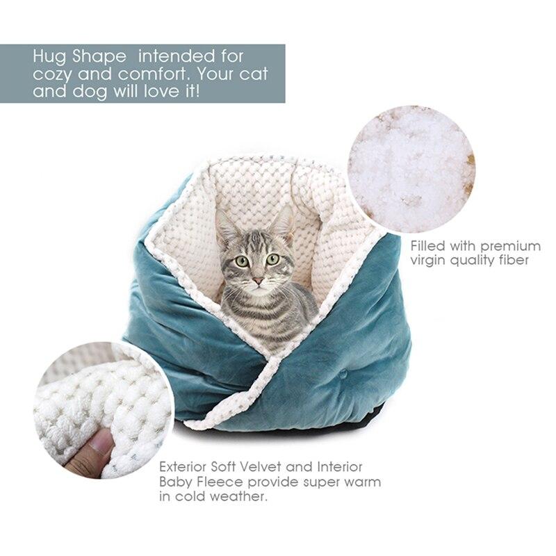 Soft triangular cat bed in warm colors, perfect for pets to snuggle and sleep comfortably.