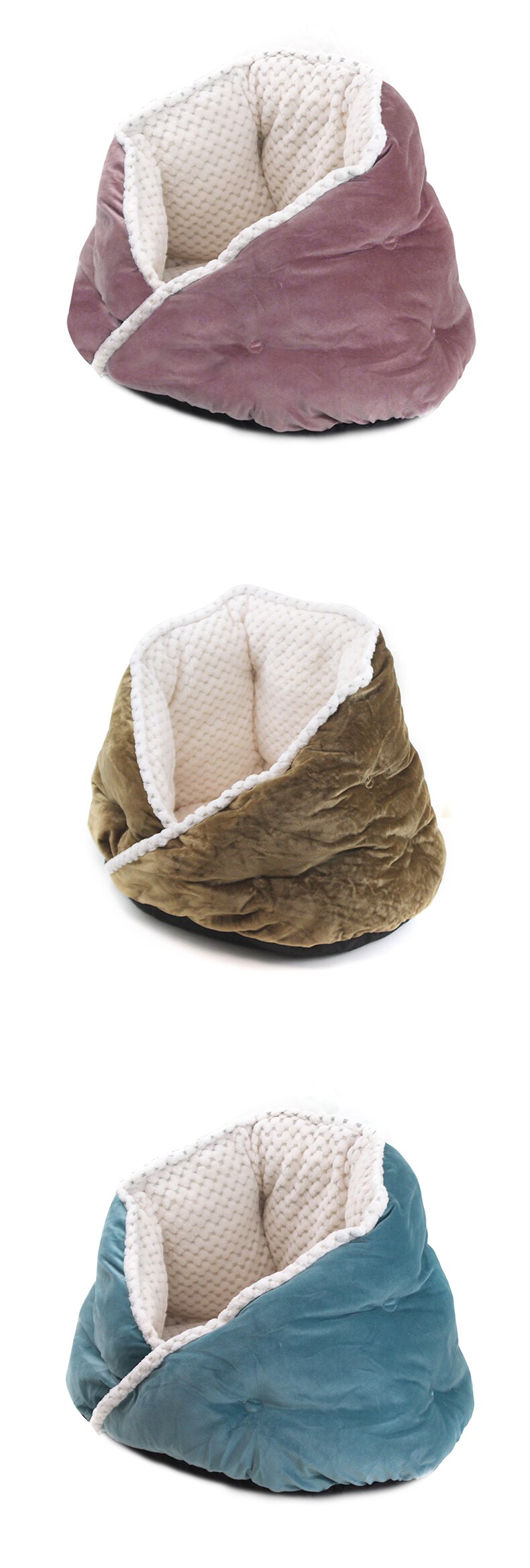 Soft triangular cat bed in warm colors, perfect for pets to snuggle and sleep comfortably.