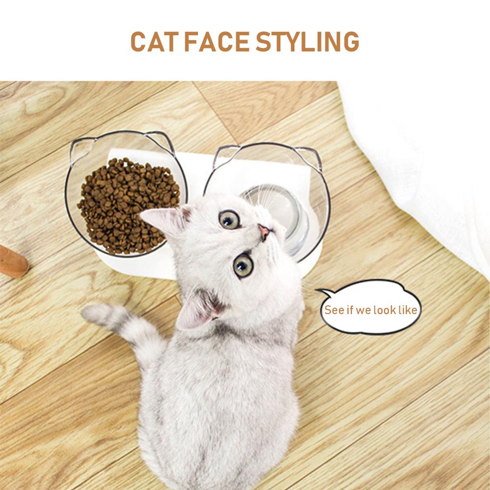 Transparent dual-use cat bowl with non-slip base designed to protect cervical vertebrae, suitable for food and water.