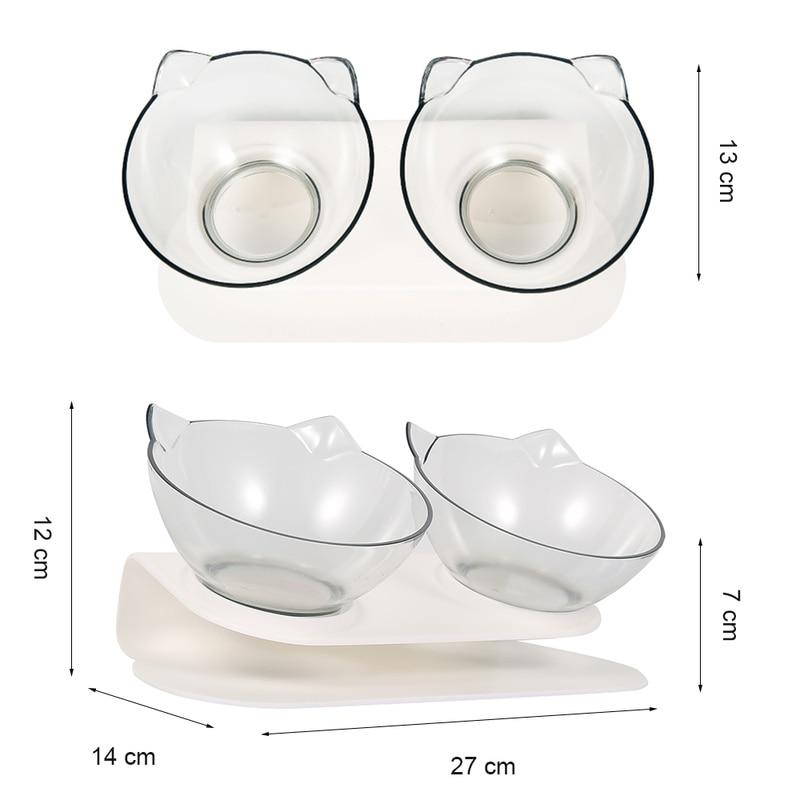 Transparent dual-use cat bowl with non-slip base designed to protect cervical vertebrae, suitable for food and water.