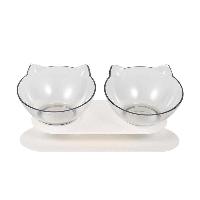 Transparent dual-use cat bowl with non-slip base designed to protect cervical vertebrae, suitable for food and water.