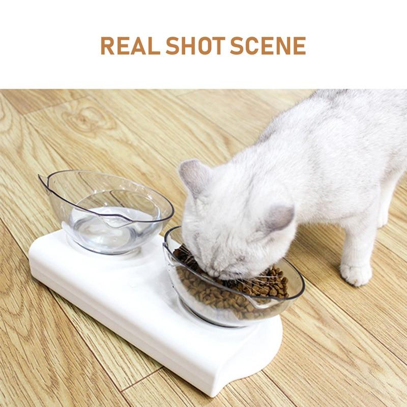 Transparent dual-use cat bowl with non-slip base designed to protect cervical vertebrae, suitable for food and water.