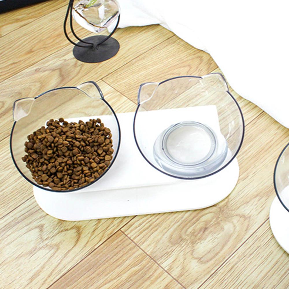 Transparent dual-use cat bowl with non-slip base designed to protect cervical vertebrae, suitable for food and water.