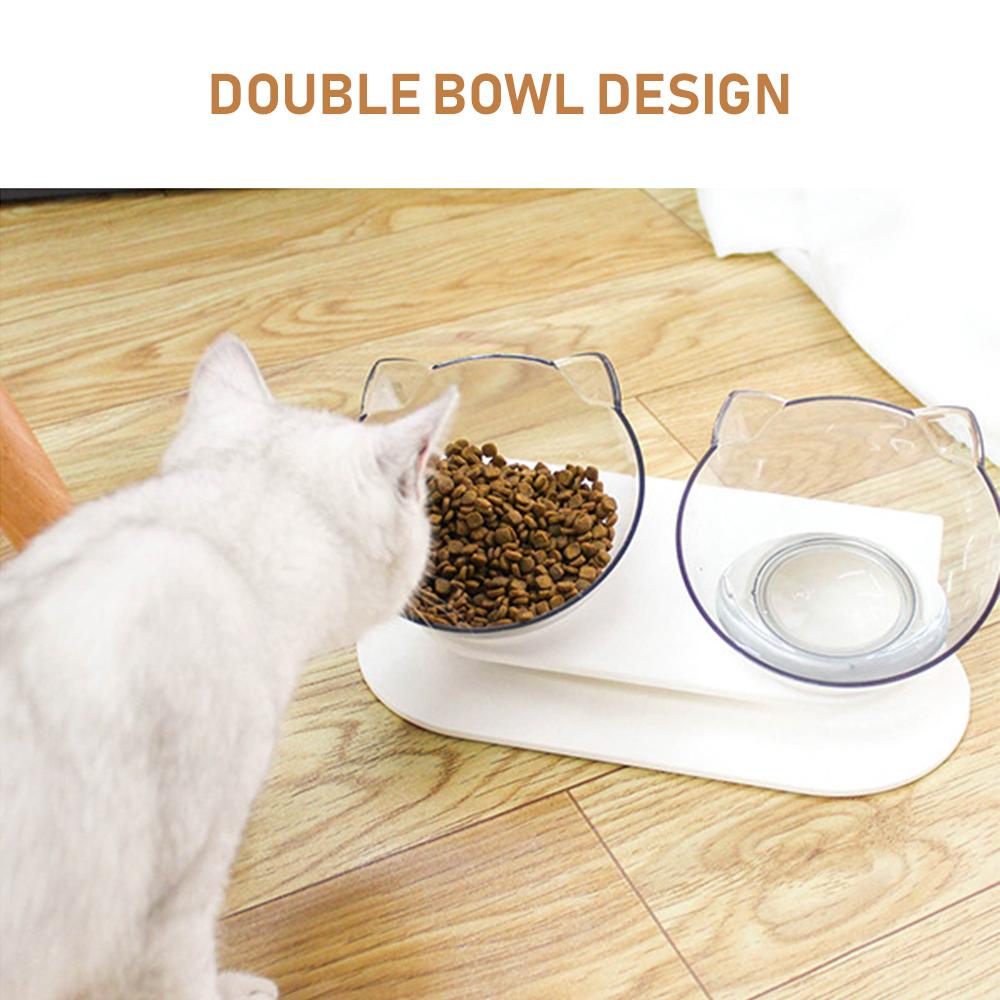 Transparent dual-use cat bowl with non-slip base designed to protect cervical vertebrae, suitable for food and water.