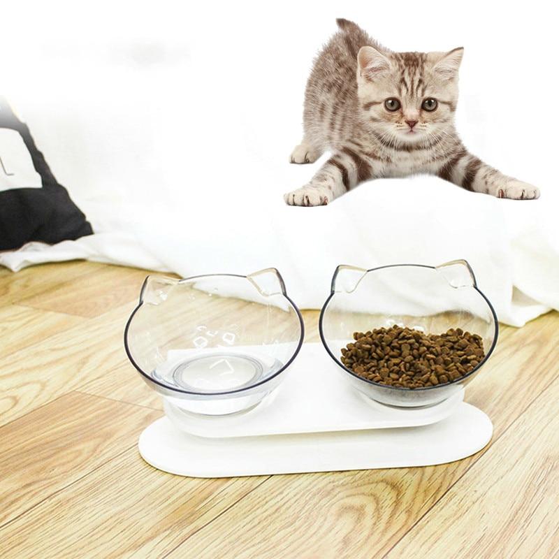 Transparent dual-use cat bowl with non-slip base designed to protect cervical vertebrae, suitable for food and water.