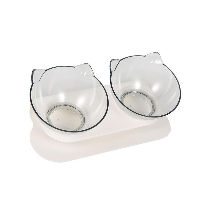 Transparent dual-use cat bowl with non-slip base designed to protect cervical vertebrae, suitable for food and water.