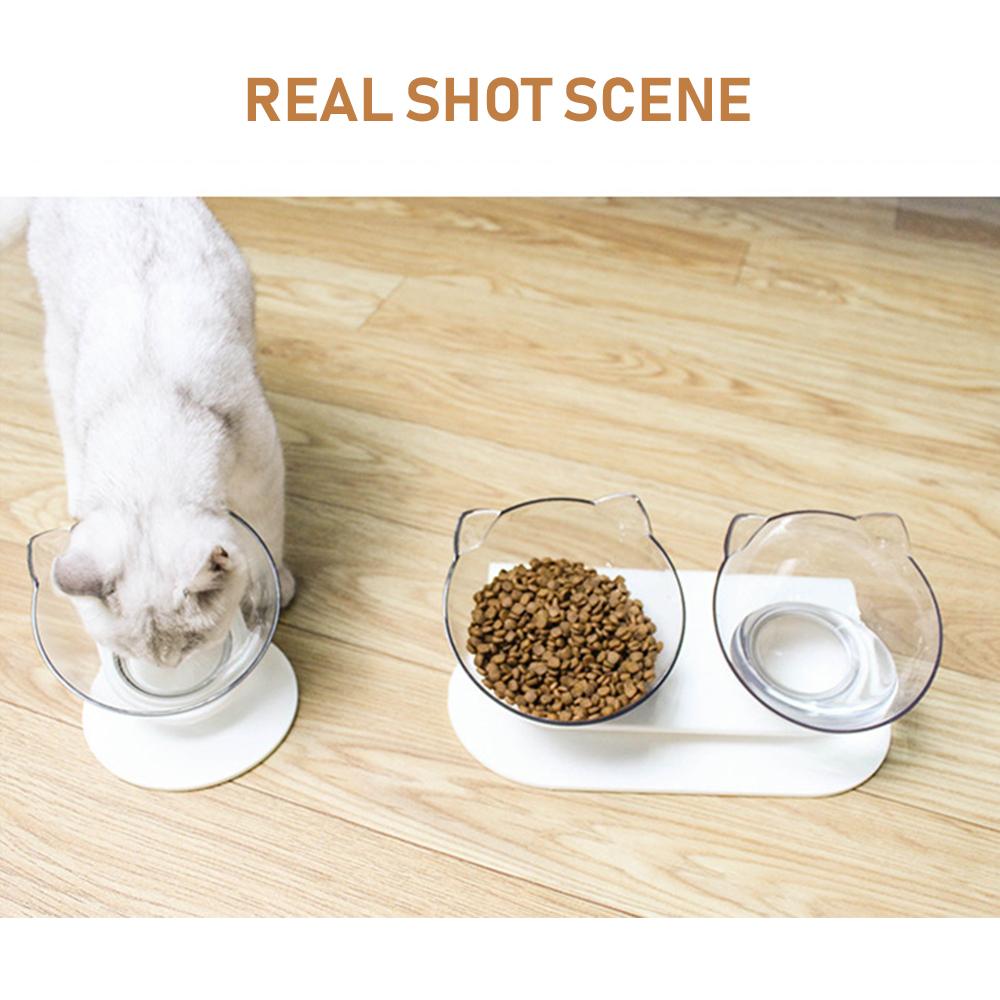 Transparent dual-use cat bowl with non-slip base designed to protect cervical vertebrae, suitable for food and water.