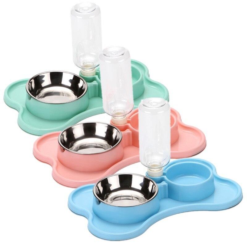A stylish non-slip double bowl set for cats and small dogs, featuring an automatic water dispenser made of durable stainless steel.