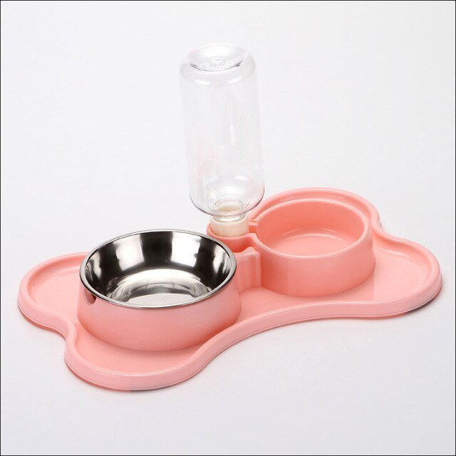 A stylish non-slip double bowl set for cats and small dogs, featuring an automatic water dispenser made of durable stainless steel.