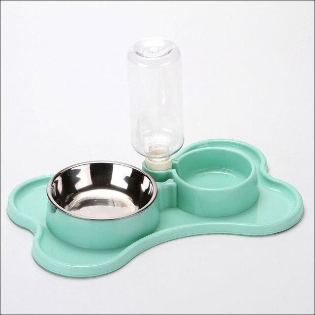 A stylish non-slip double bowl set for cats and small dogs, featuring an automatic water dispenser made of durable stainless steel.