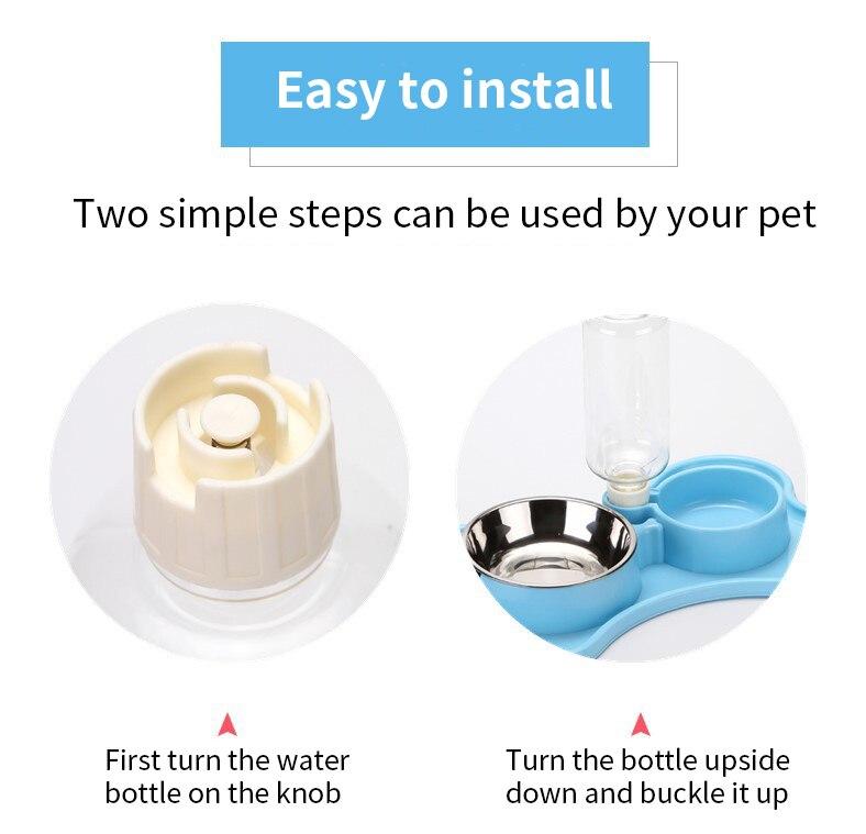 A stylish non-slip double bowl set for cats and small dogs, featuring an automatic water dispenser made of durable stainless steel.