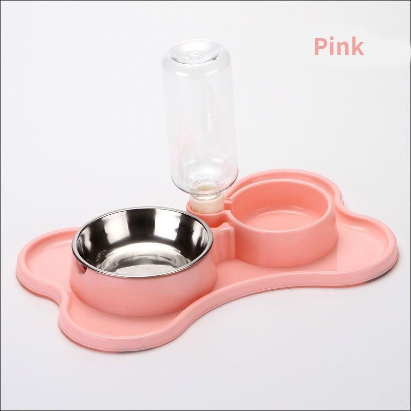 A stylish non-slip double bowl set for cats and small dogs, featuring an automatic water dispenser made of durable stainless steel.