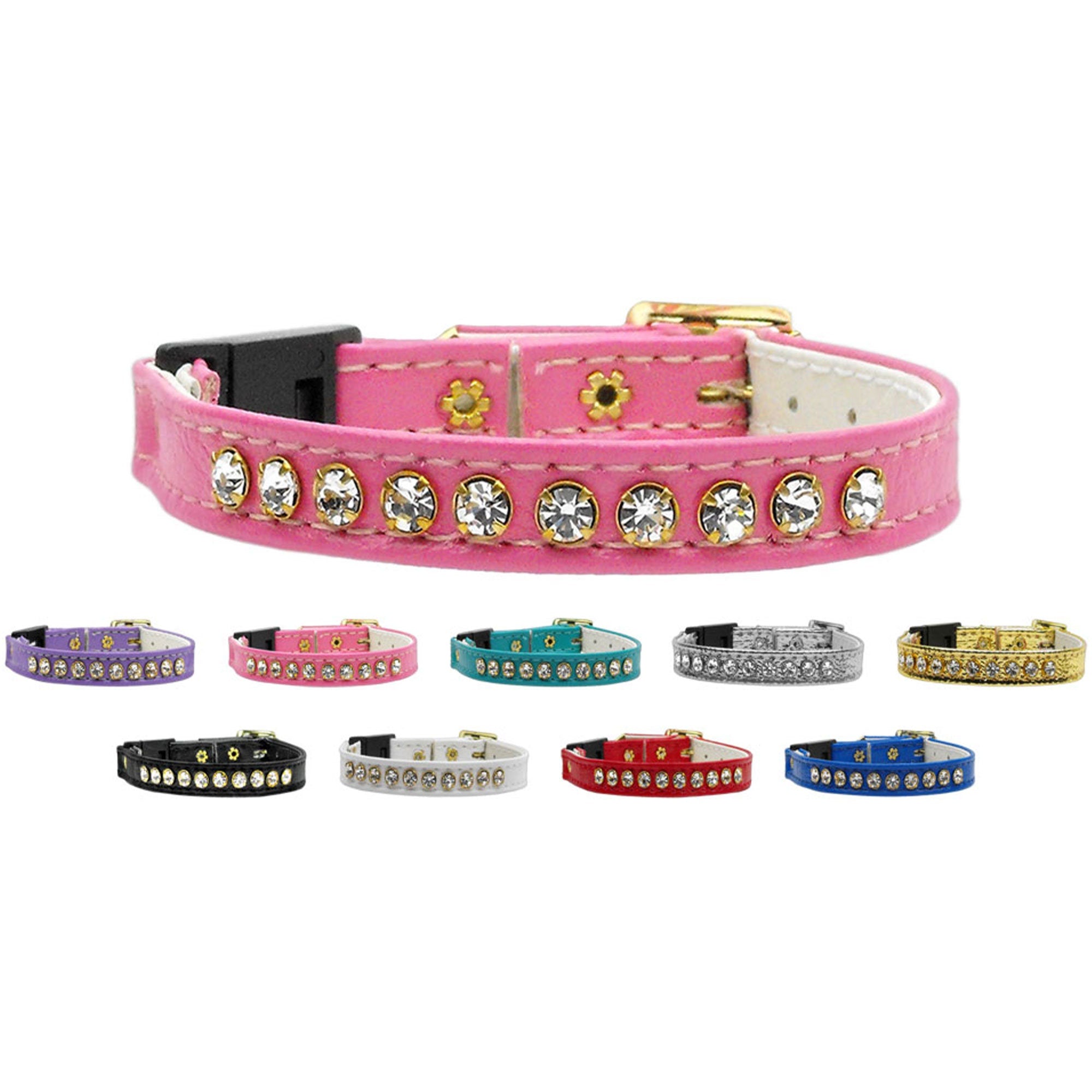 A stylish cat breakaway buckle collar adorned with a row of sparkling Austrian rhinestones, designed for safety and comfort.
