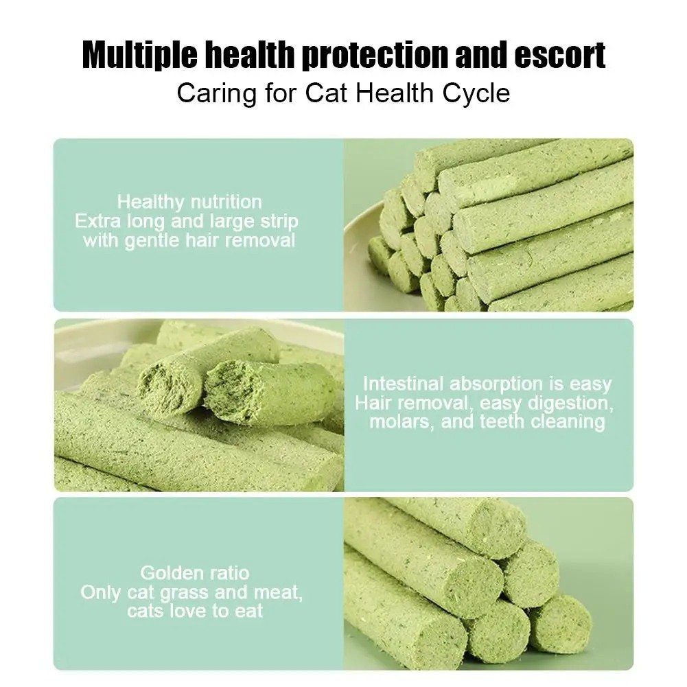 A pack of Cat Grass Teething Sticks made from organic cat grass, designed for cats to chew and play with, promoting dental health and digestive benefits.