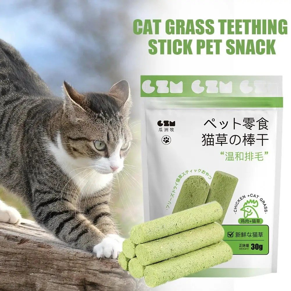 A pack of Cat Grass Teething Sticks made from organic cat grass, designed for cats to chew and play with, promoting dental health and digestive benefits.