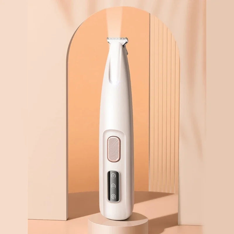 A sleek Cat Grooming Shaver with a built-in light, designed for low noise operation and USB rechargeable convenience, ideal for pet grooming.