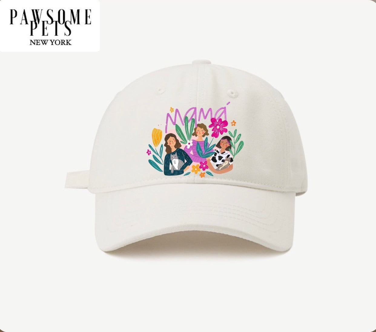 A stylish CAT MOM HAT featuring embroidered lettering, made from 100% cotton with an adjustable metal buckle closure.