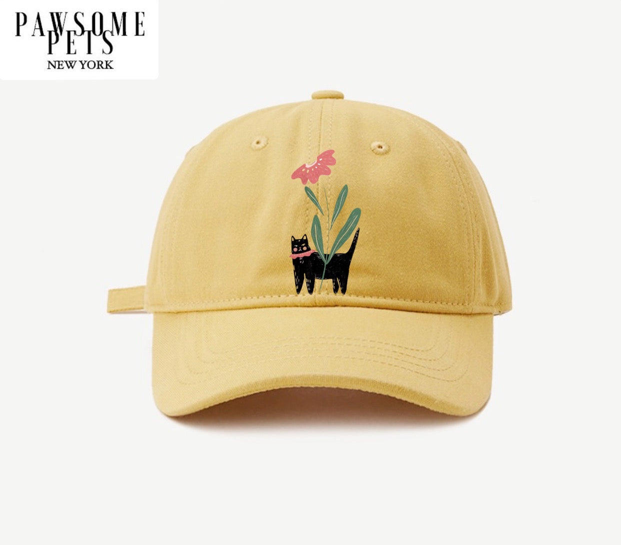 A stylish CAT MOM baseball cap featuring flower design and embroidered lettering, perfect for cat lovers.