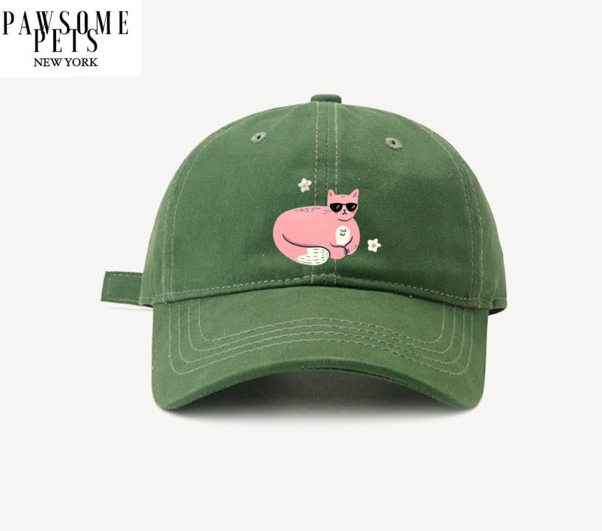 A stylish CAT MOM HAT featuring embroidered lettering, made from lightweight cotton with an adjustable metal buckle closure.