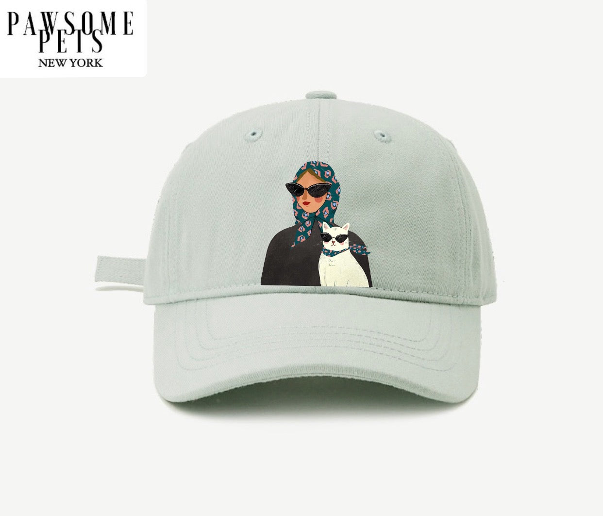 A stylish CAT MOM baseball cap featuring embroidered lettering, made from 100% cotton with an adjustable metal buckle closure.