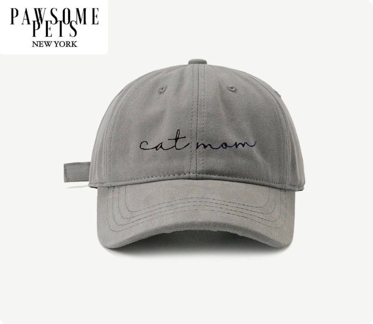 Grey baseball cap with embroidered CAT MOM lettering, featuring a pre-curved visor and adjustable metal buckle closure.