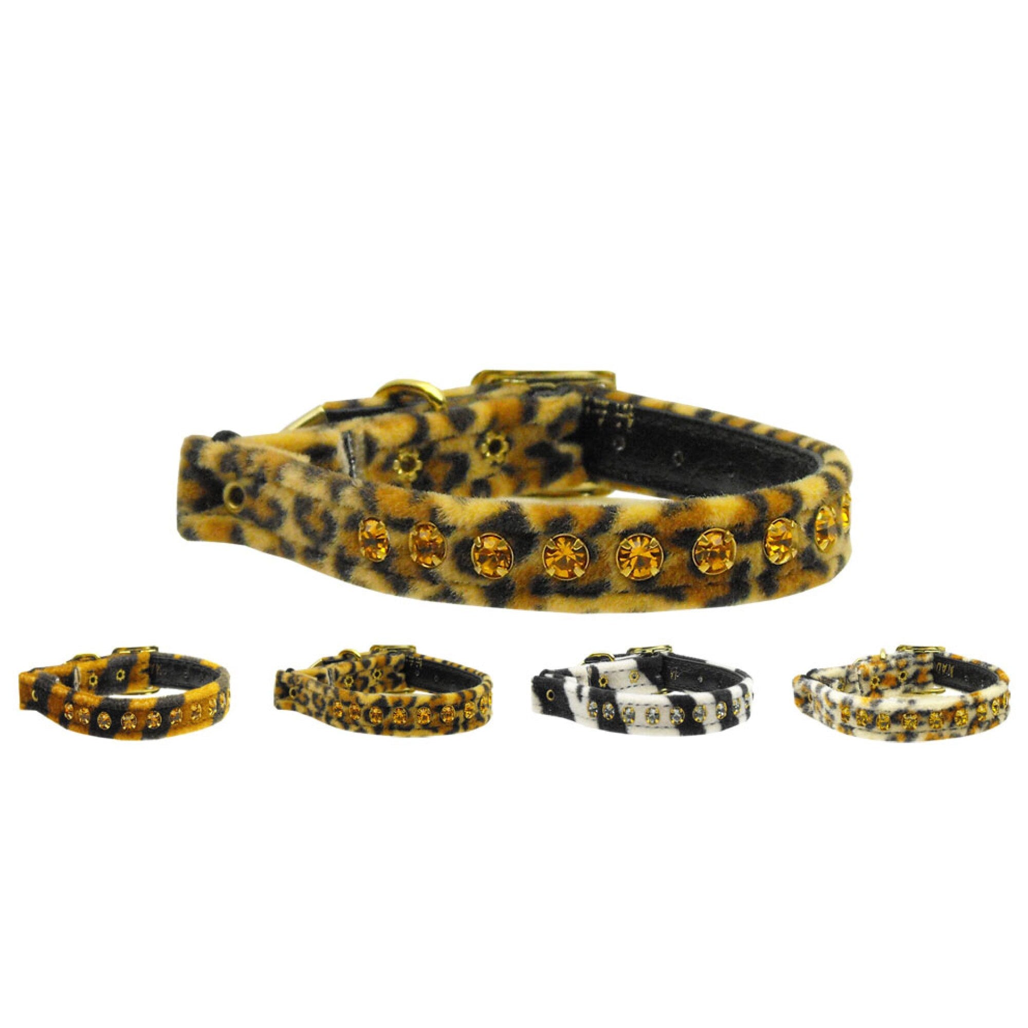 Animal Print Cat Safety Collar with rhinestones, featuring elastic safety band and faux leather design.