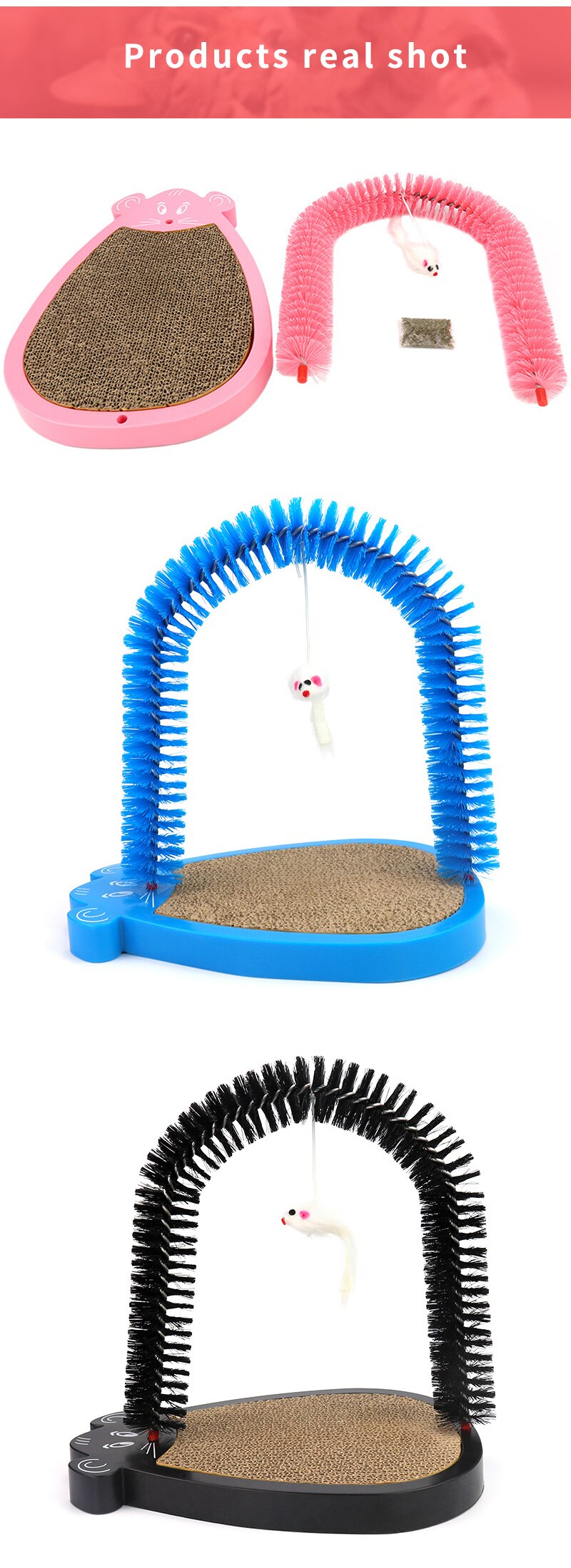 A colorful Cat Scratcher Mat made of thicker corrugated paper, designed for cats to scratch and climb, available in blue, black, and pink.