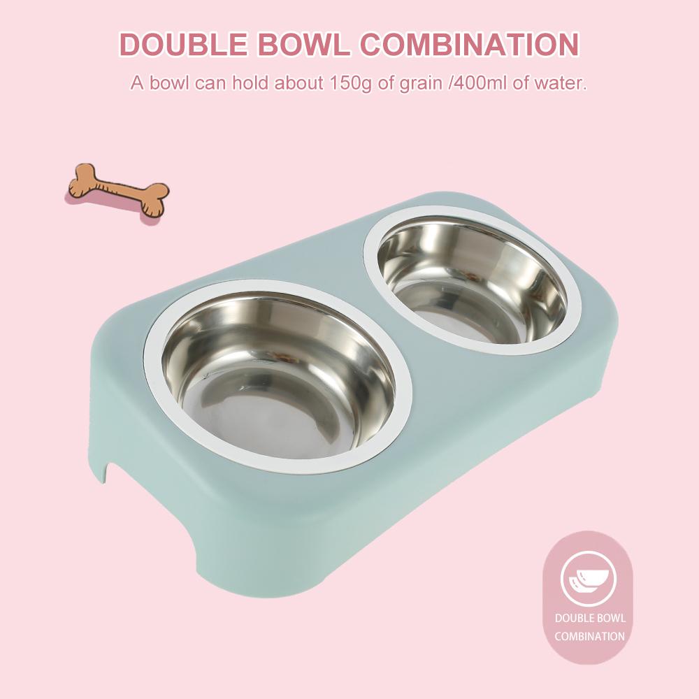 A pair of round stainless steel bowls for cats and small dogs, featuring an anti-skid base for stability during feeding.