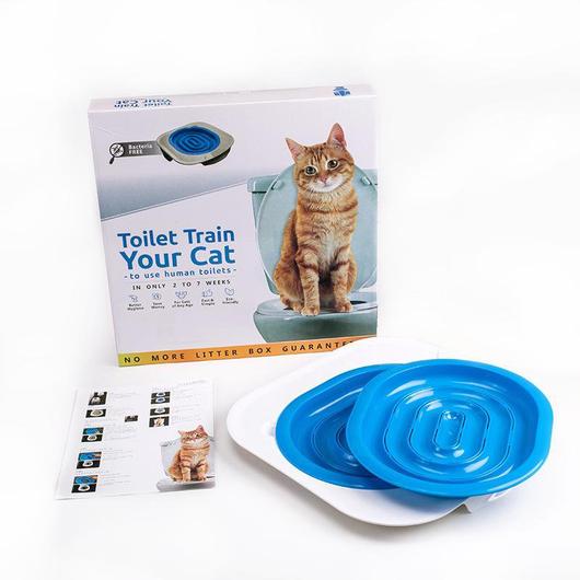 A Cat Toilet Training Kit featuring a training seat designed for easy installation on toilet rims, promoting mess-free cat toilet training.
