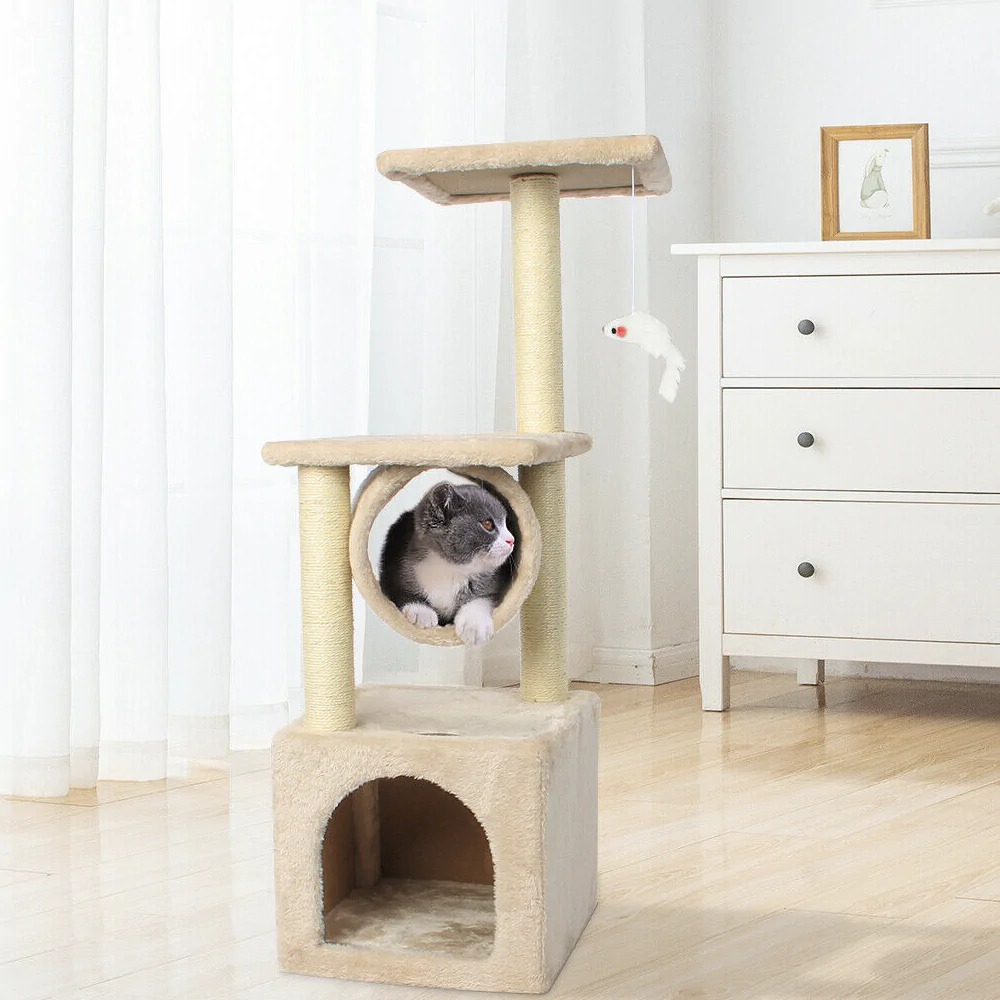 A multi-level Cat Tree House Tower featuring scratching posts, resting areas, and a toy mouse, designed for playful and comfortable cat lounging.