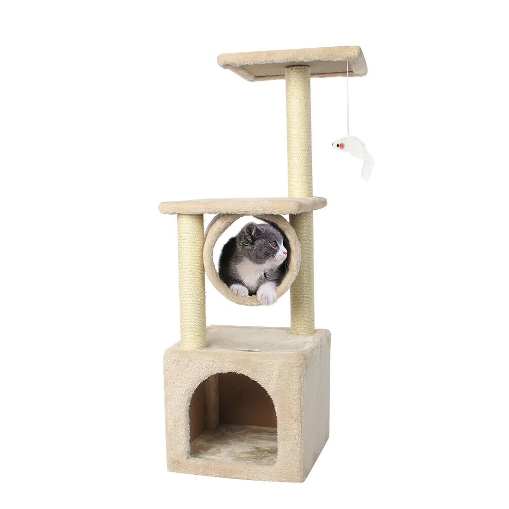 A multi-level Cat Tree House Tower featuring scratching posts, resting areas, and a toy mouse, designed for playful and comfortable cat lounging.