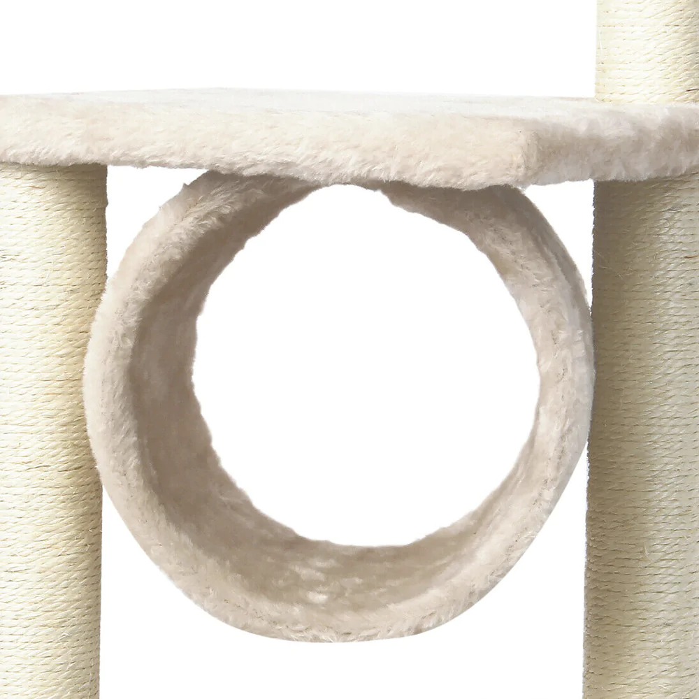 A multi-level Cat Tree House Tower featuring scratching posts, resting areas, and a toy mouse, designed for playful and comfortable cat lounging.