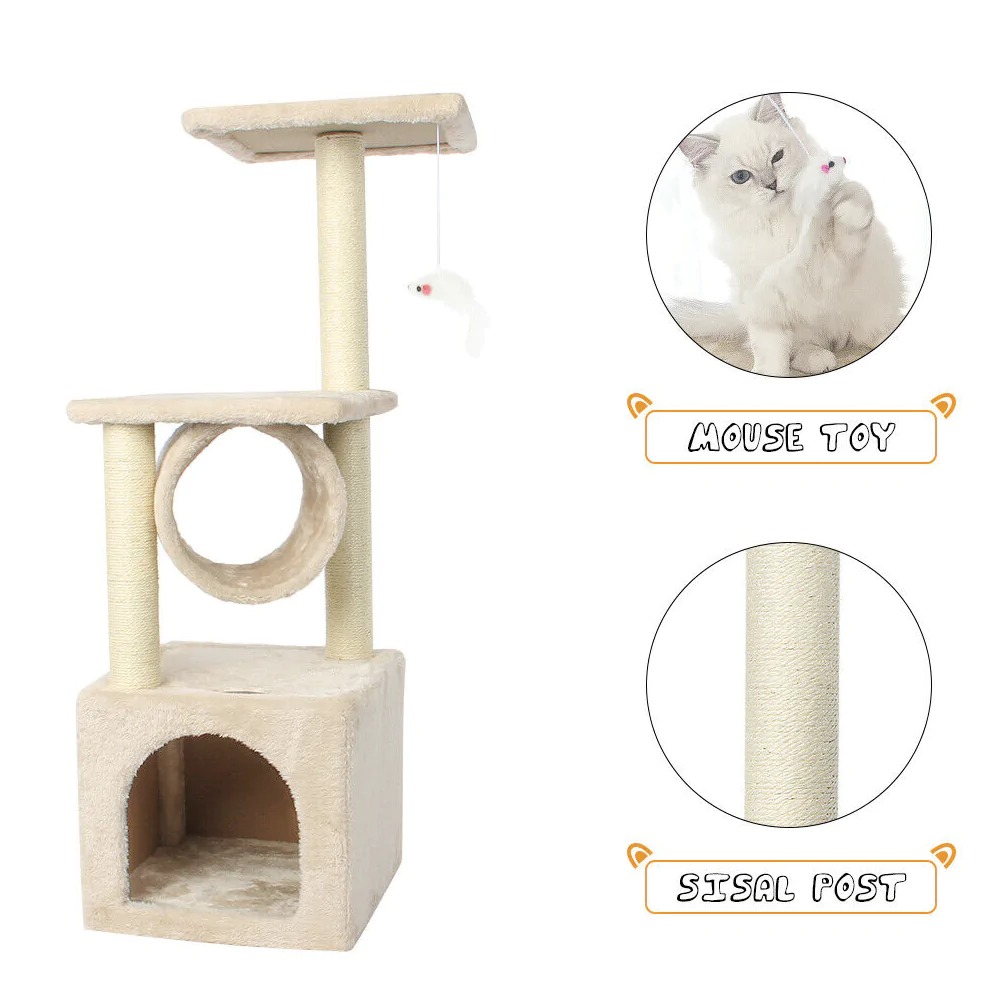 A multi-level Cat Tree House Tower featuring scratching posts, resting areas, and a toy mouse, designed for playful and comfortable cat lounging.