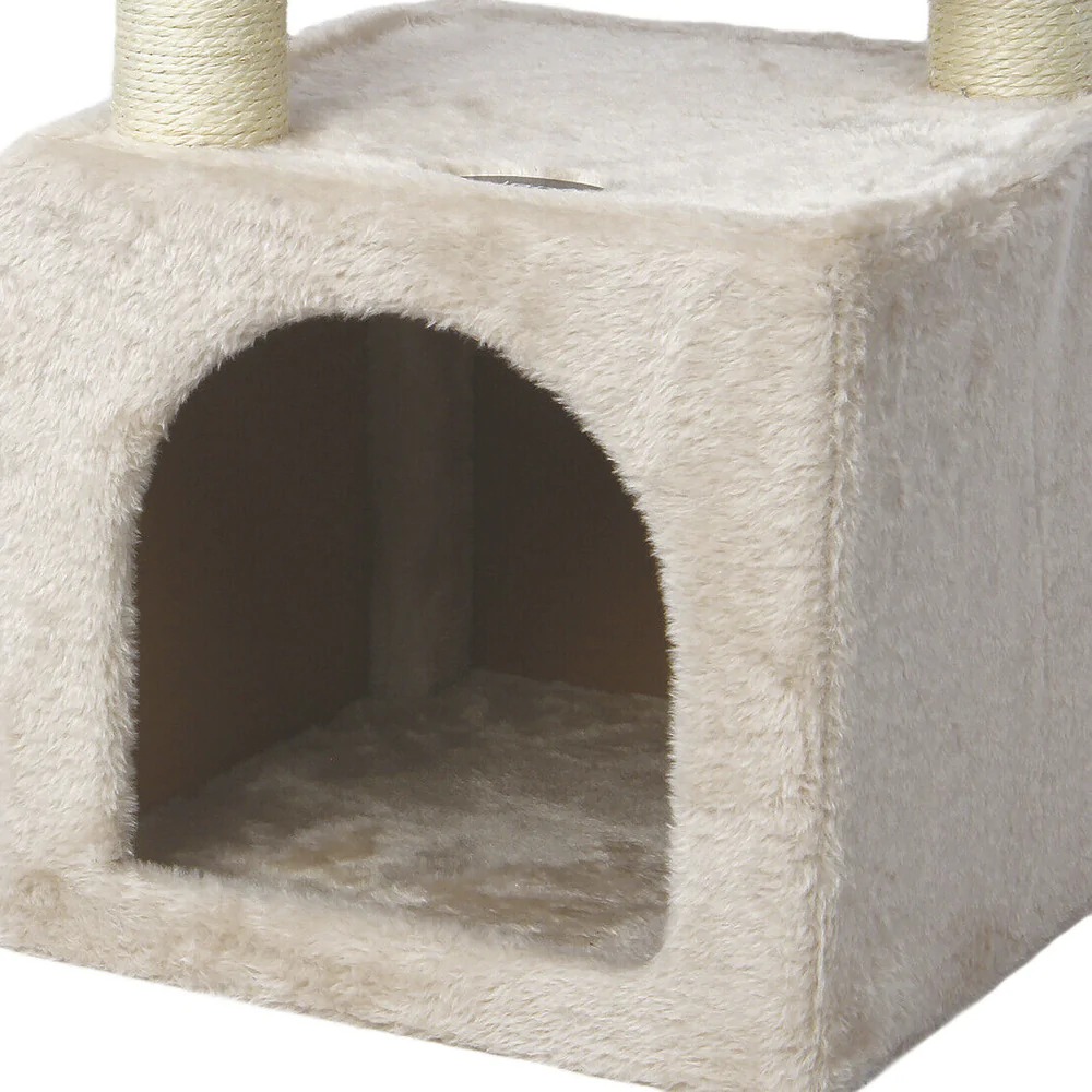 A multi-level Cat Tree House Tower featuring scratching posts, resting areas, and a toy mouse, designed for playful and comfortable cat lounging.
